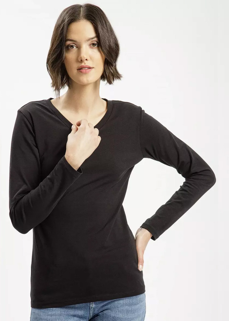 Cross Jeans Long Sleeve V Neck Tee Black 020 - 56144-020