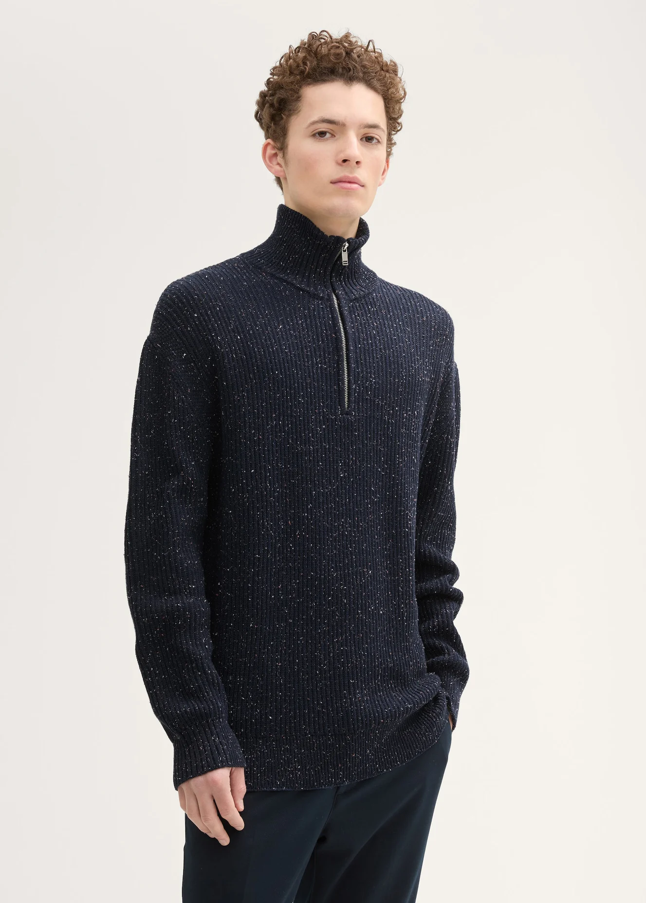Tom Tailor Troyer Knitted Sweater With Texture Navy Colorful Neps