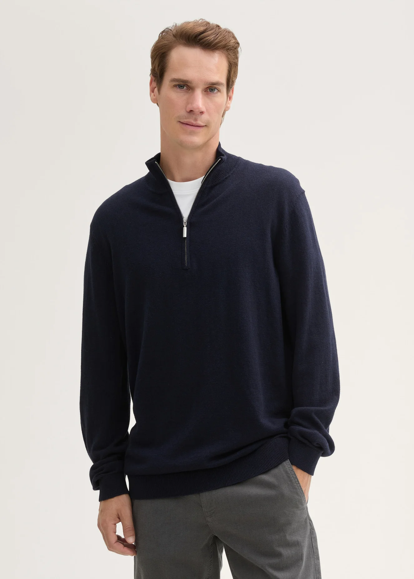Tom Tailor Troyer Knit Sweater In Recycled Cashmere Knitted Navy Melange