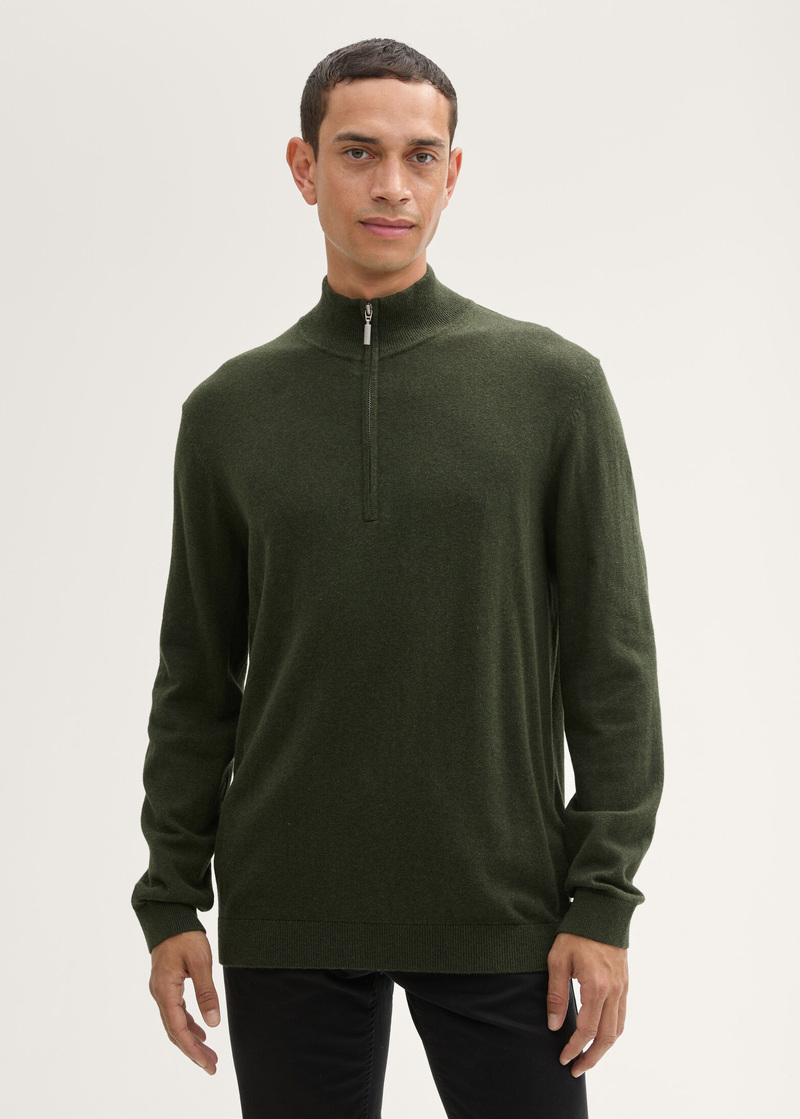 Tom Tailor Troyer Knit Sweater In Recycled Cashmere Rosin Green Melange - 1043268-36230