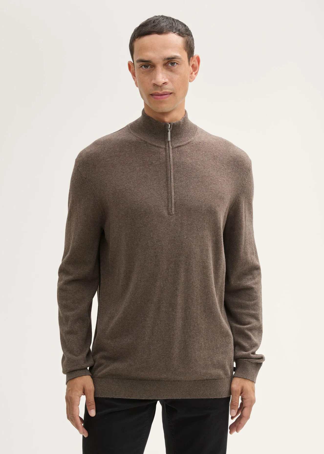 Tom Tailor Troyer Knit Sweater In Recycled Cashmere Wood Brown Melange