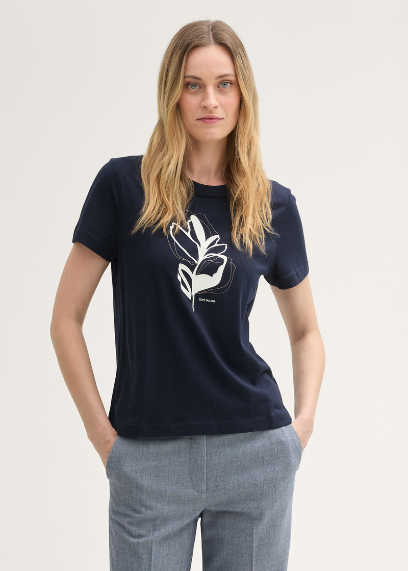 Tom Tailor Printed T Shirt With Organic Cotton True Navy Blue - 1043104-10876