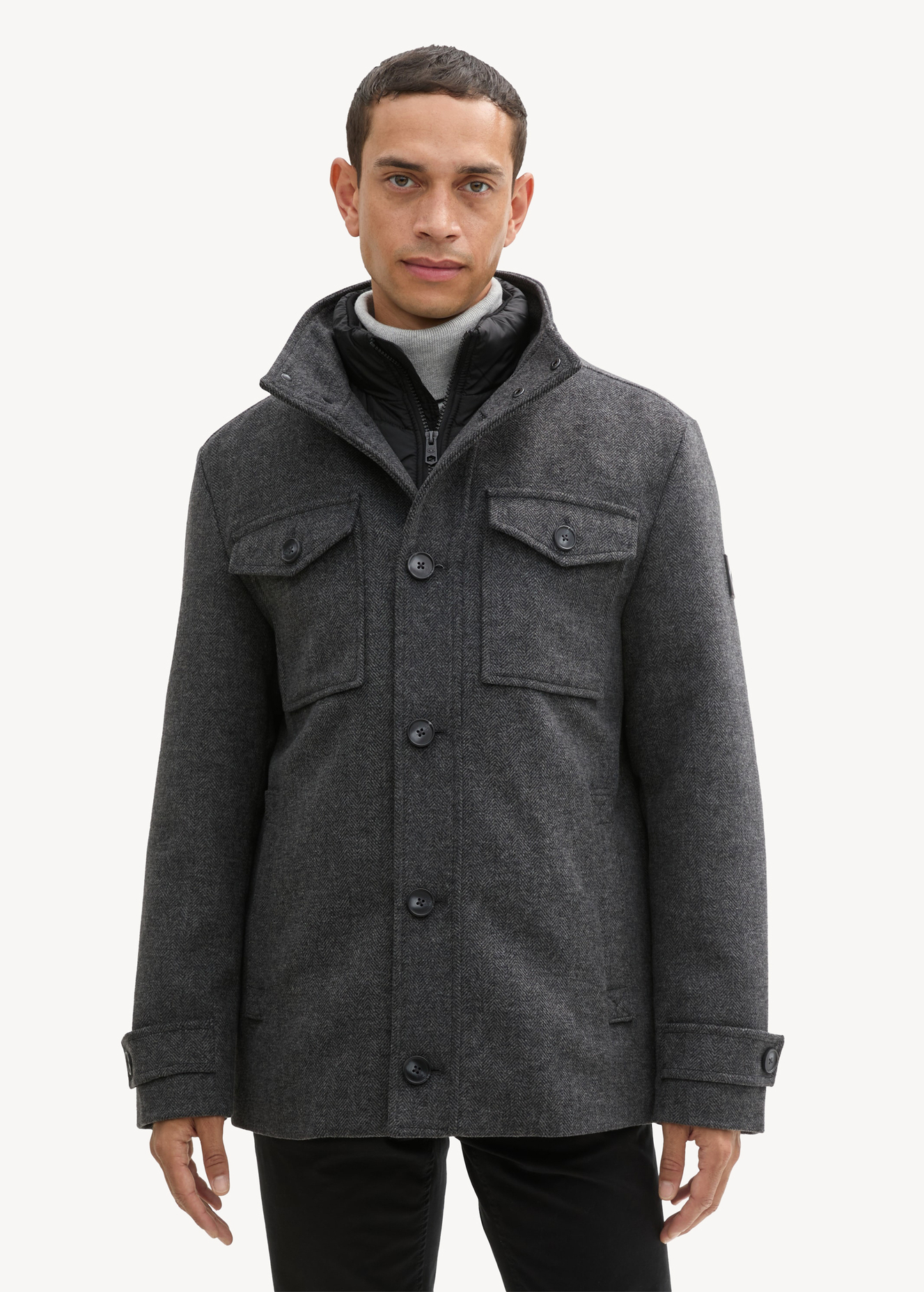 Tom Tailor 2 In 1 Jacket In Wool Dark Grey Black Herringbone - 1042209-30500