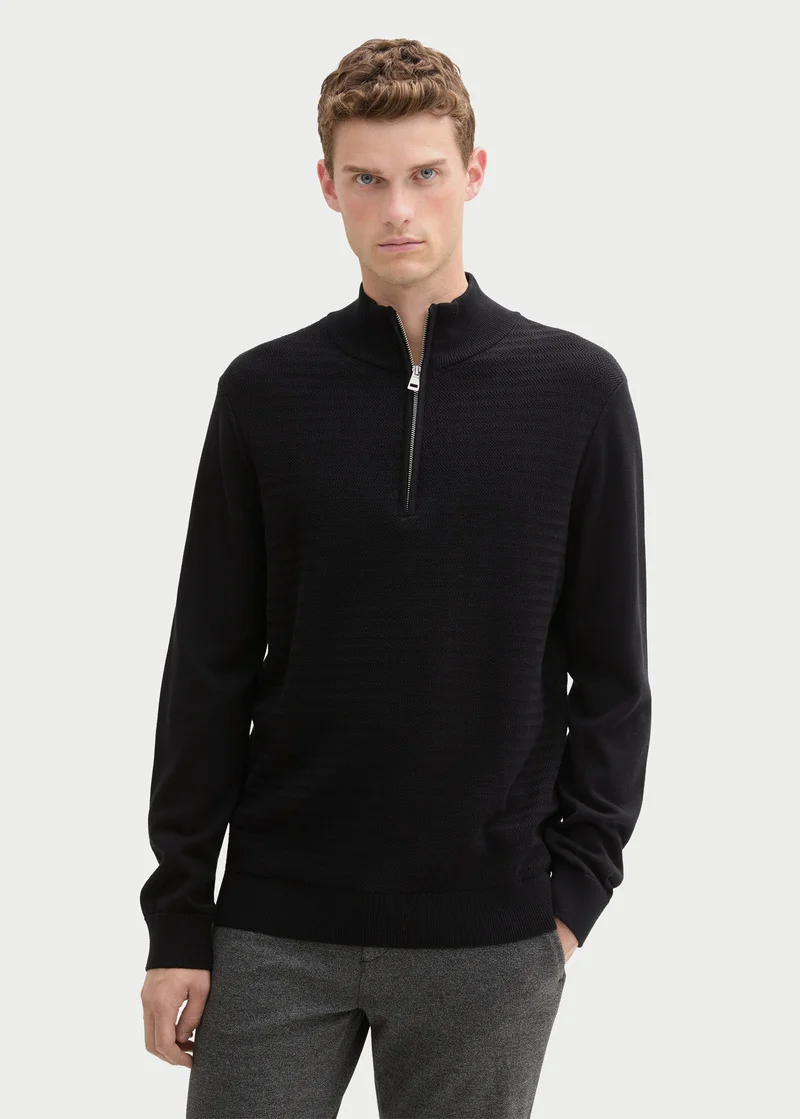 Tom Tailor Knit Troyer In A Mix Of Textures Black