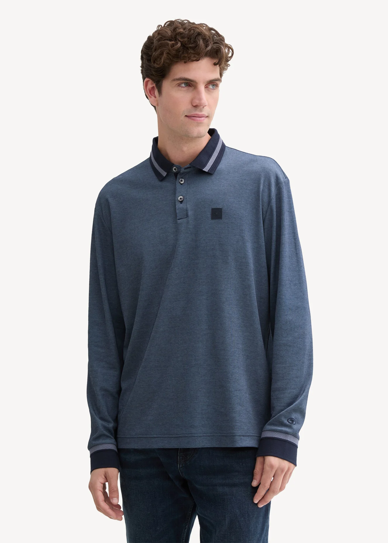 Tom Tailor Long Sleeve Polo Shirt With Logo Badge Sky Captain Blue