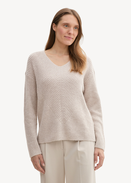 Tom Tailor Knitted Pullover With A V Neckline Dusty Beige Melange