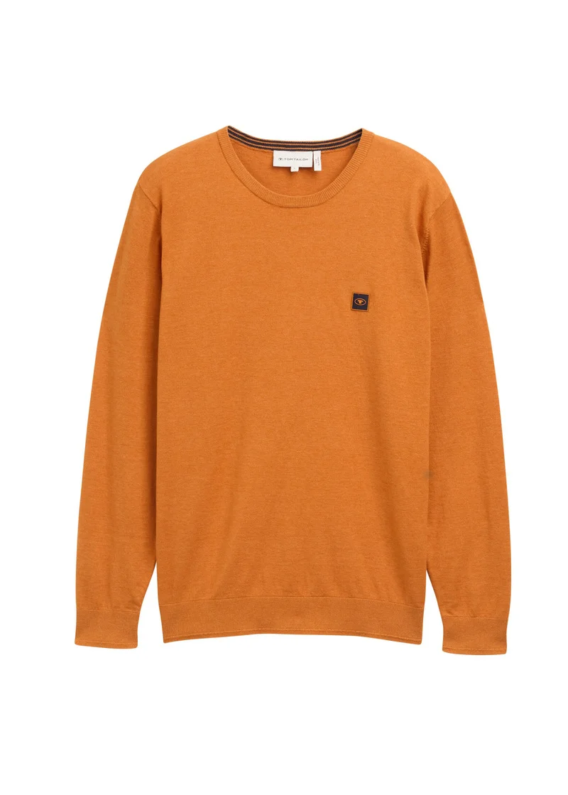 Tom Tailor Knitted Jumper With Logo Badge Tomato Cream Orange Melange