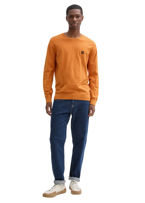Tom Tailor Knitted Jumper With Logo Badge Tomato Cream Orange Melange