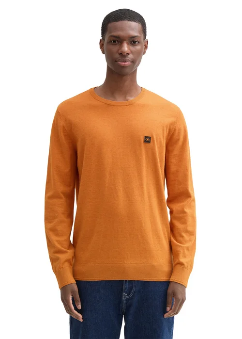 Tom Tailor Knitted Jumper With Logo Badge Tomato Cream Orange Melange