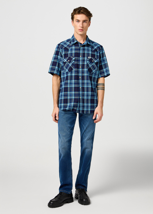 Wrangler Short Sleeve Western Shirt Latigo Indigo Check