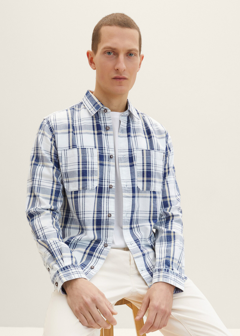 Tom Tailor 2 Pocket Shirt Off White Indigo Check