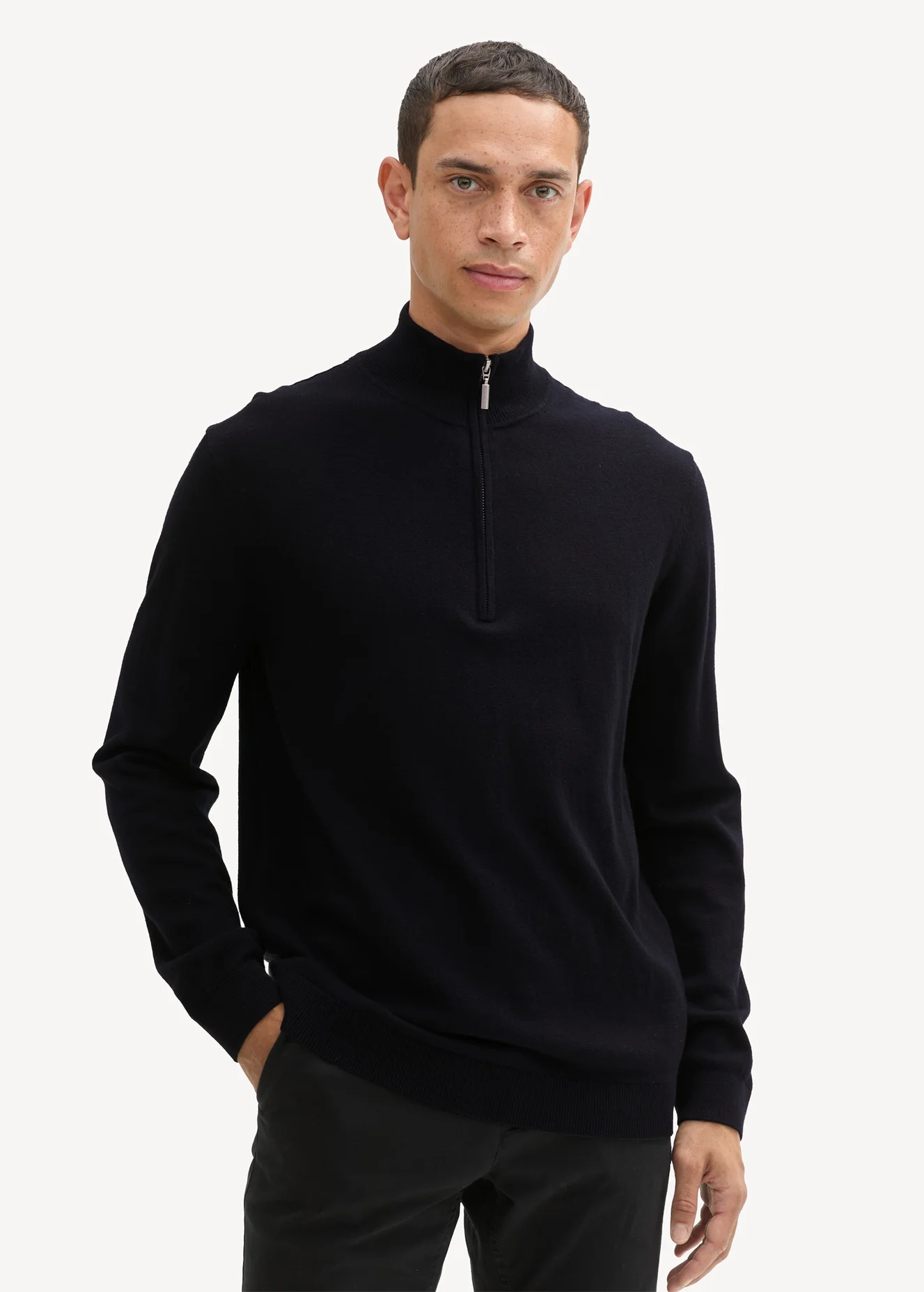 Tom Tailor Troyer Knit Sweater In Recycled Cashmere Black