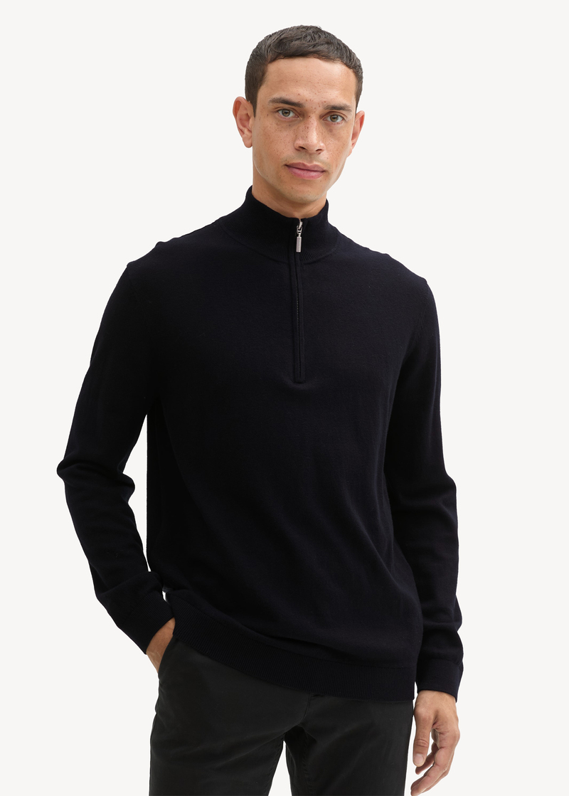 Tom Tailor Troyer Knit Sweater In Recycled Cashmere Black - 1043268-29999