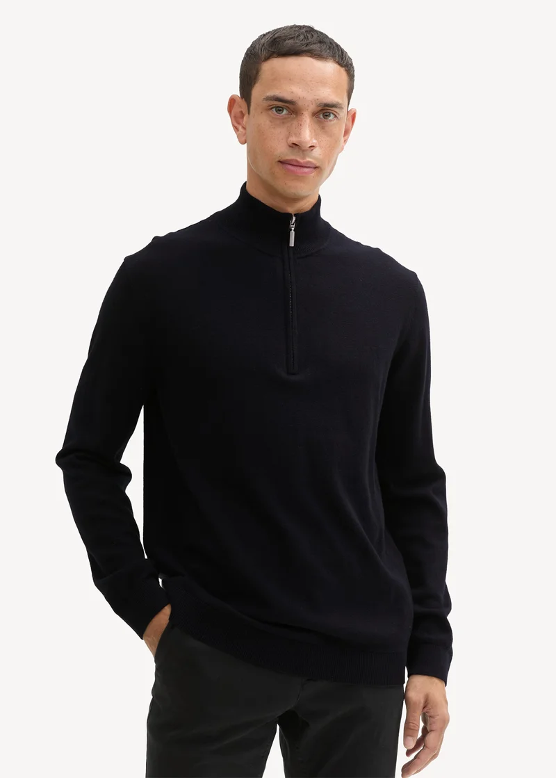 Tom Tailor Troyer Knit Sweater In Recycled Cashmere Black