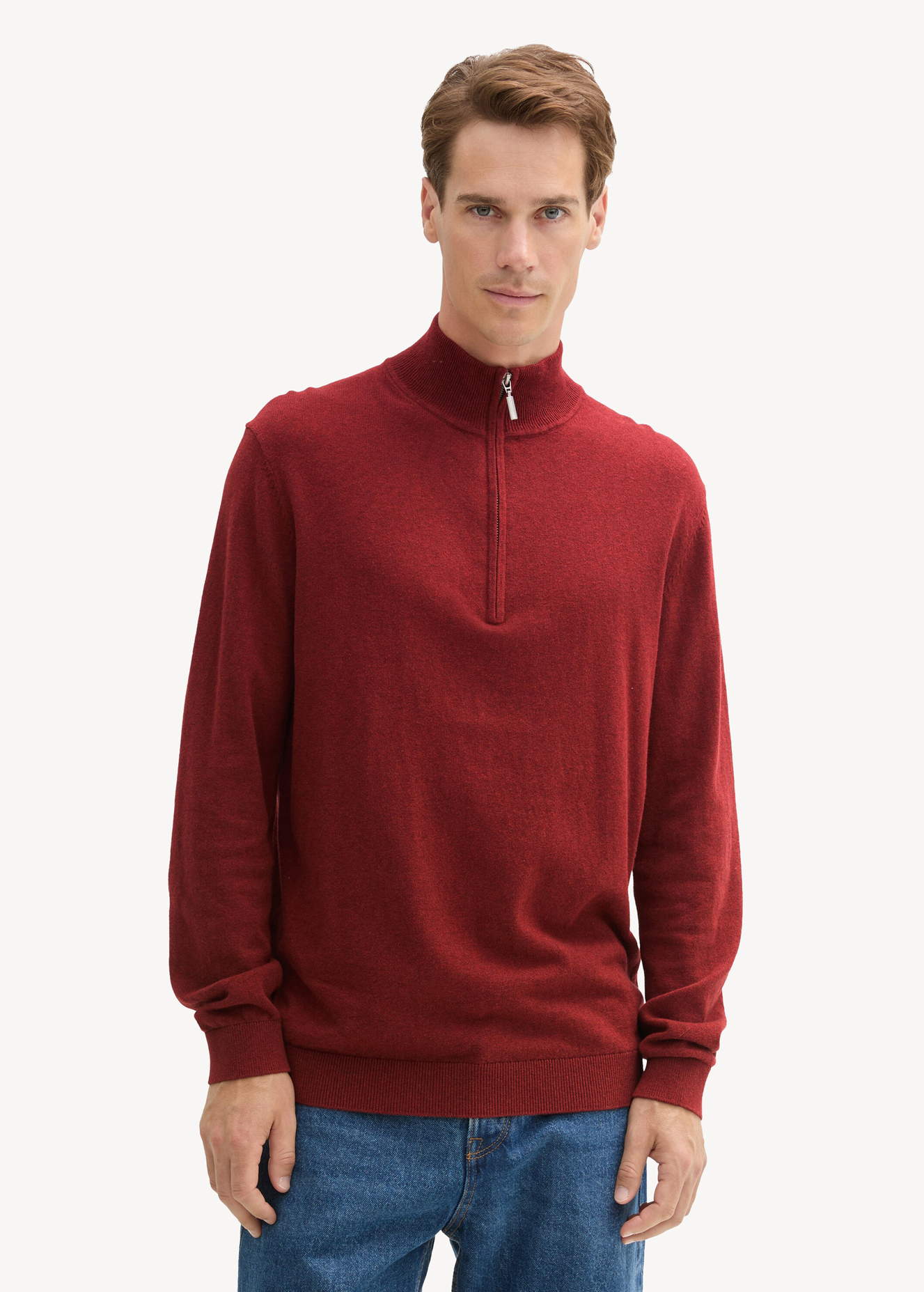 Tom Tailor Troyer Knit Sweater In Recycled Cashmere Burgundy Dark Red Melange - 1043268-35676