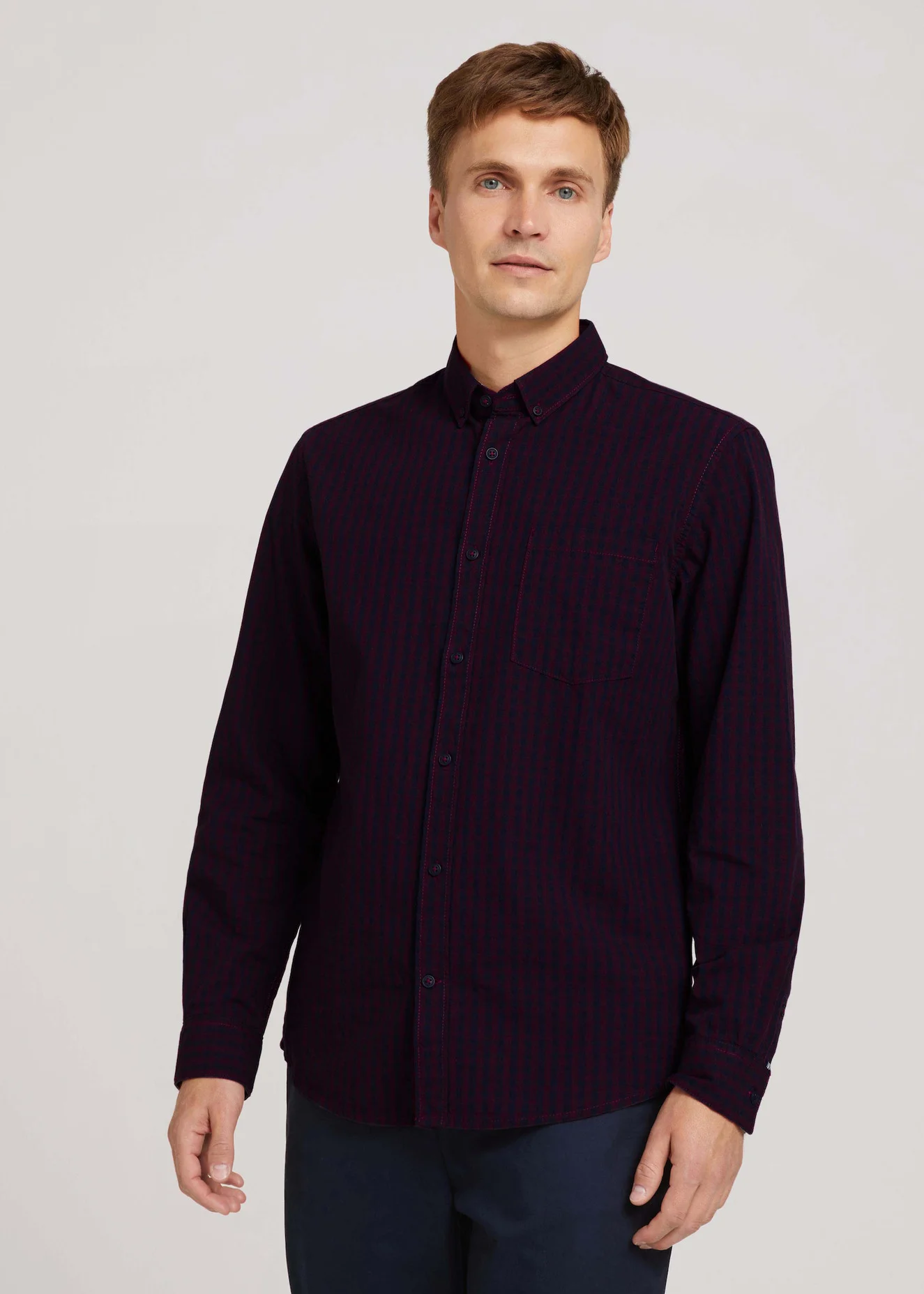 Tom Tailor Regular Vichy Melange Shirt Burgundy Navy Mel Vichy Check
