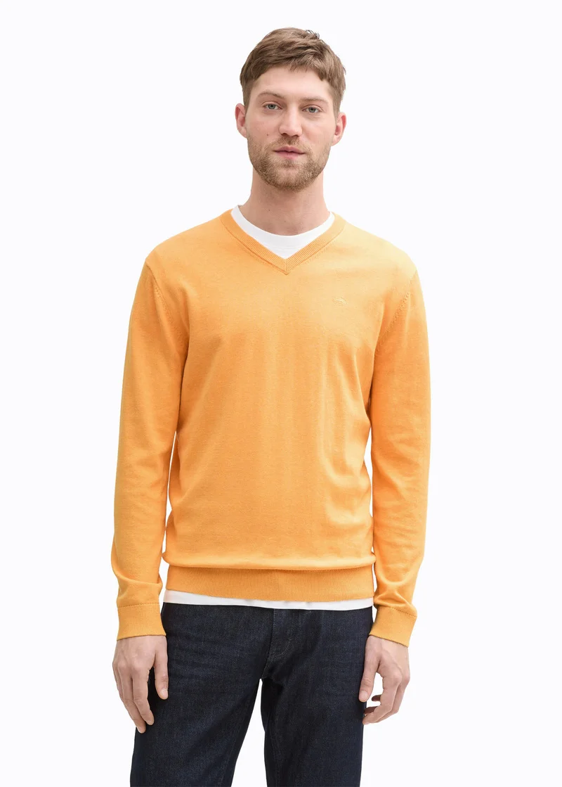 Tom Tailor Knitted Pullover With A V Neckline Peachy Orange Melange - 1039811-37378