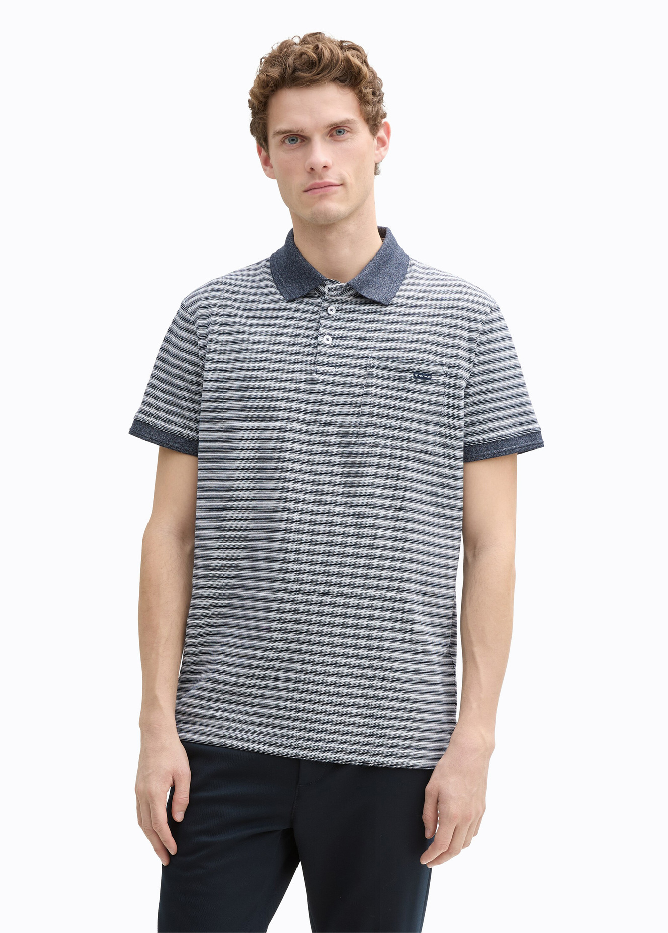 Tom Tailor Piqu Polo Shirt With Breast Pocket Navy White Irregular Stripe