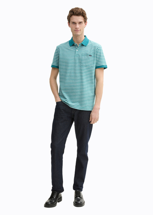 Tom Tailor Piqu Polo Shirt With Breast Pocket Green White Irregular Stripe - 122-G