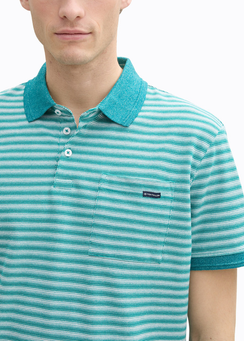 Tom Tailor Piqu Polo Shirt With Breast Pocket Green White Irregular Stripe