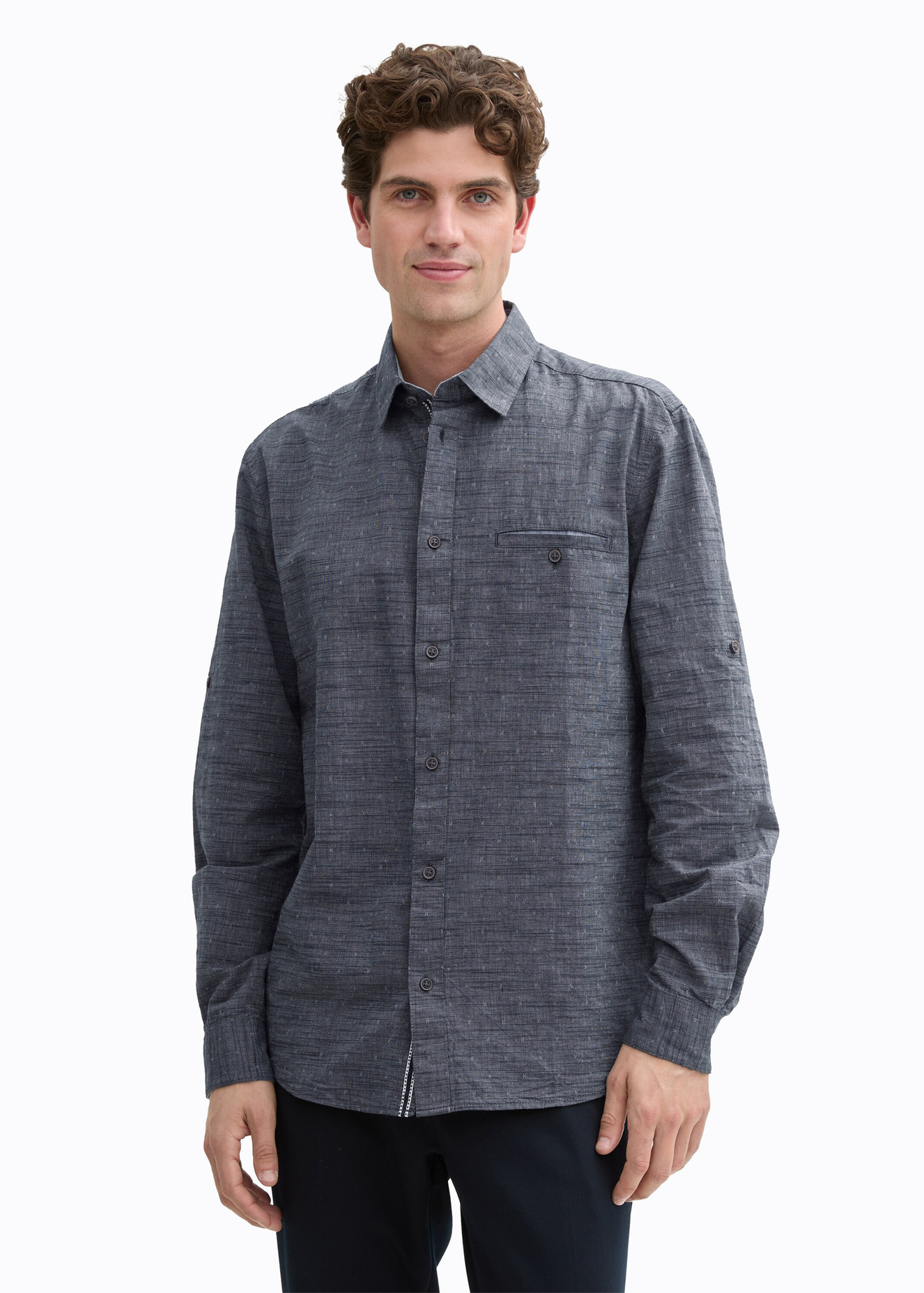 Tom Tailor Regular Fit Shirt With Turn Up Function Navy White Fil A Fil Dobby - 1045075-31318