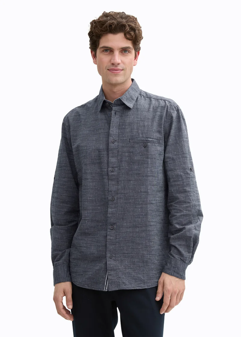 Tom Tailor Regular Fit Shirt With Turn Up Function Navy White Fil A Fil Dobby