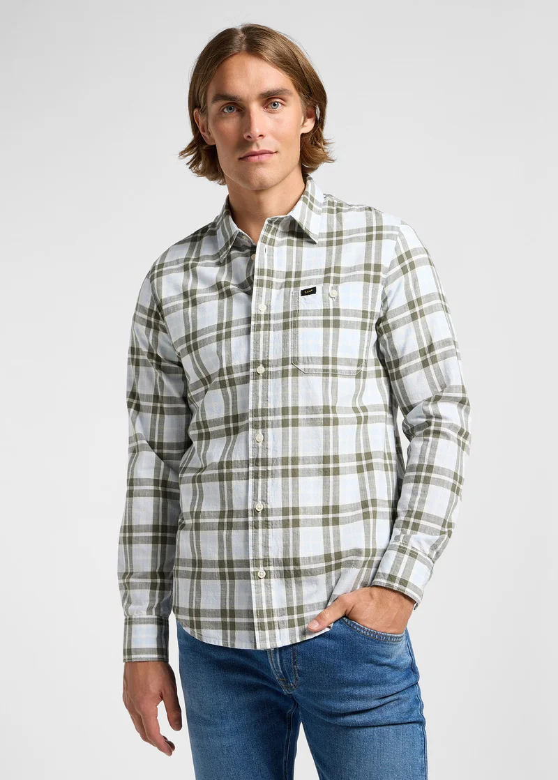 Lee Leesure Shirt Olive Green Ecru Plaid - 112363691