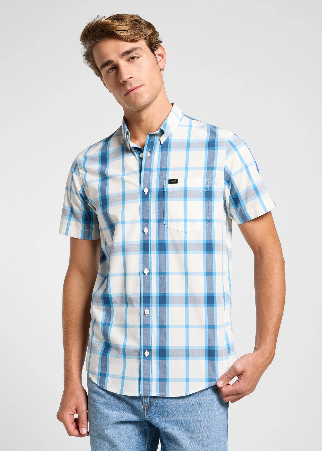 Lee Button Down Short Sleeve Stream Ecru Plaid Check - 112363688