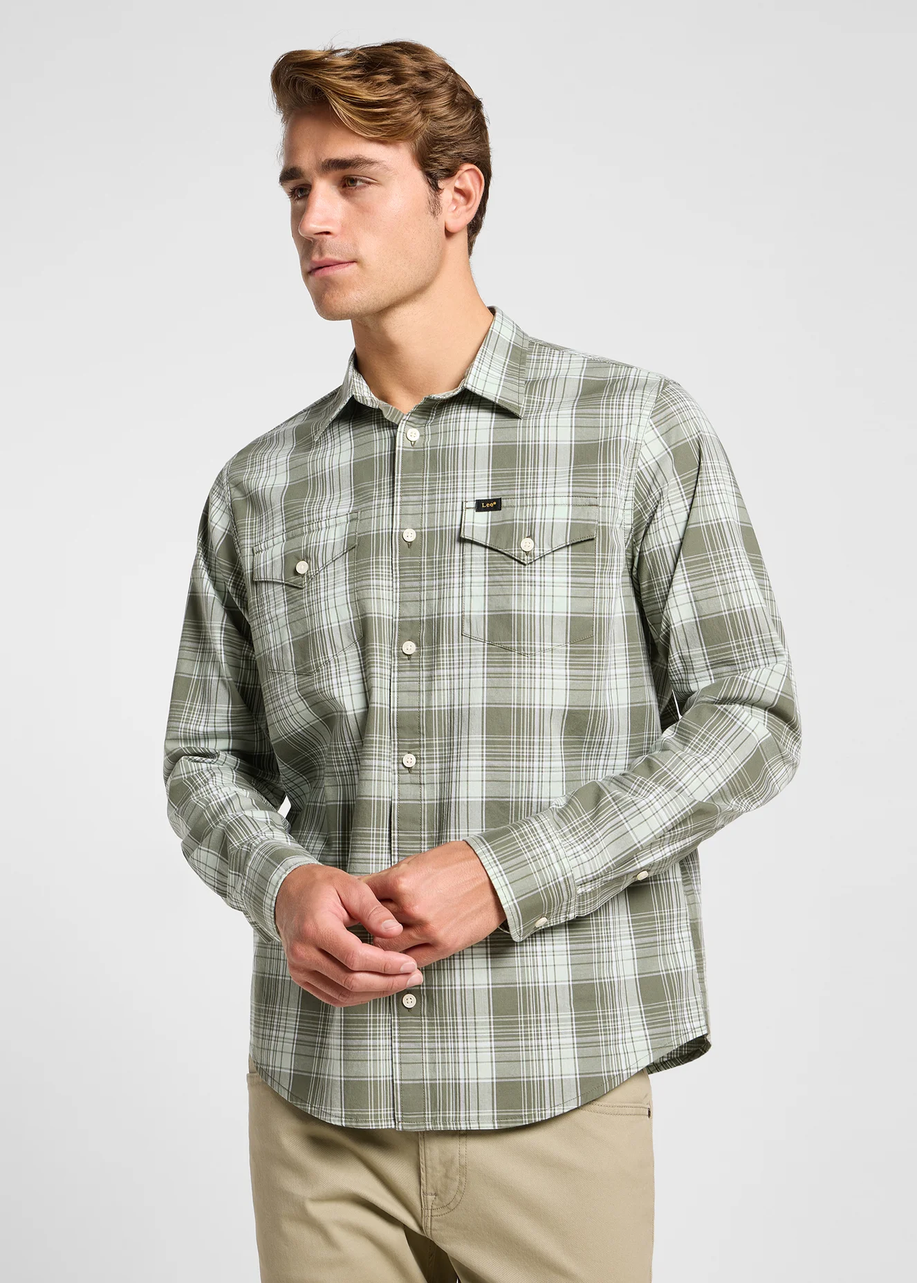 Lee Regular Shirt Olive Groove Ombre Plaid Check - 112363685