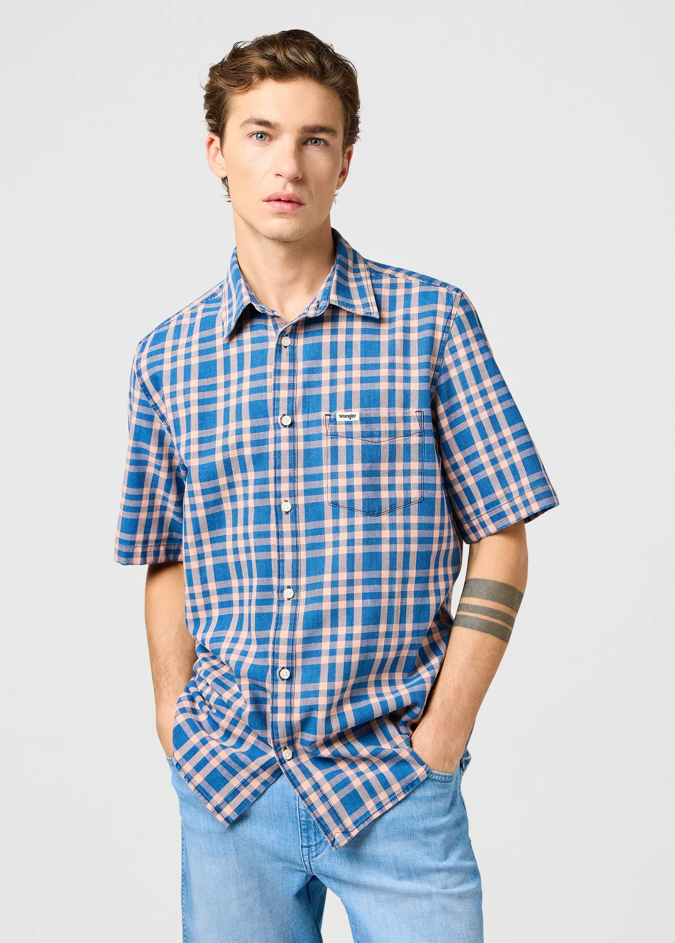 Wrangler Short Sleeve Western Shirt Blue Shadow Check