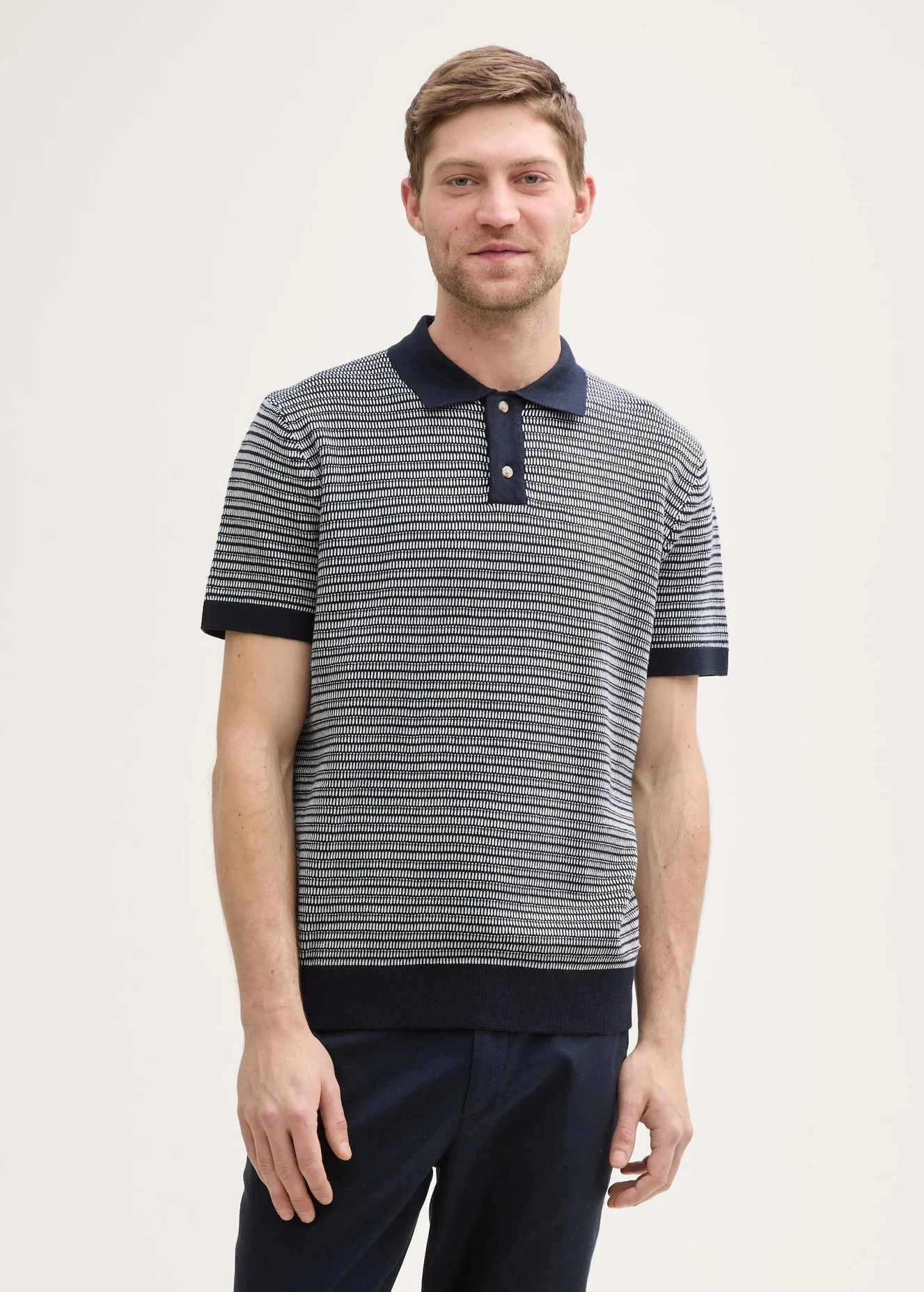 Tom Tailor Knitted Cotton Polo Shirt Navy White Fancy Stripe