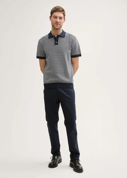 Tom Tailor Knitted Cotton Polo Shirt Navy White Fancy Stripe