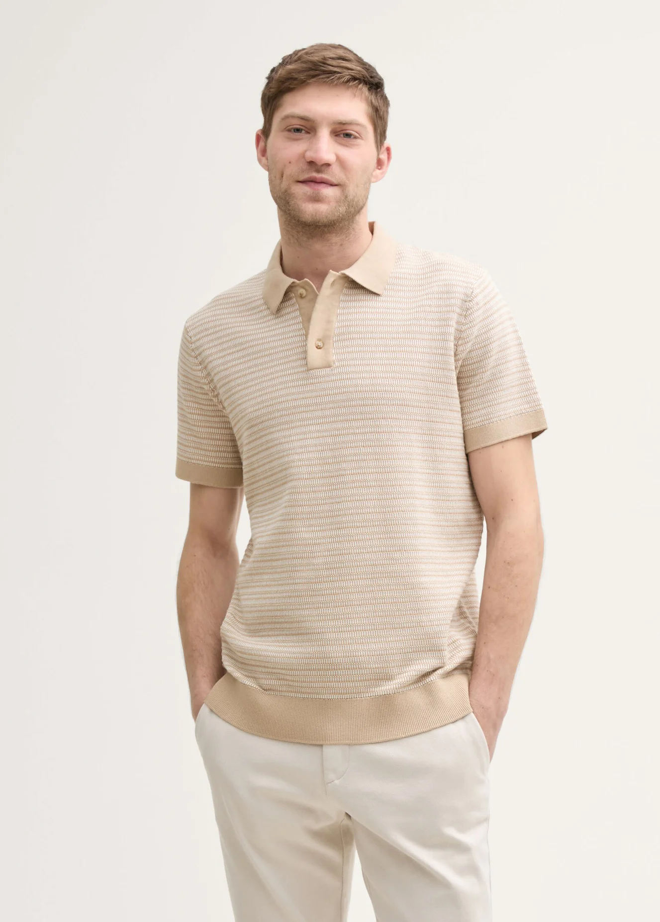 Tom Tailor Knitted Cotton Polo Shirt Cashew Beige White Fancystripe