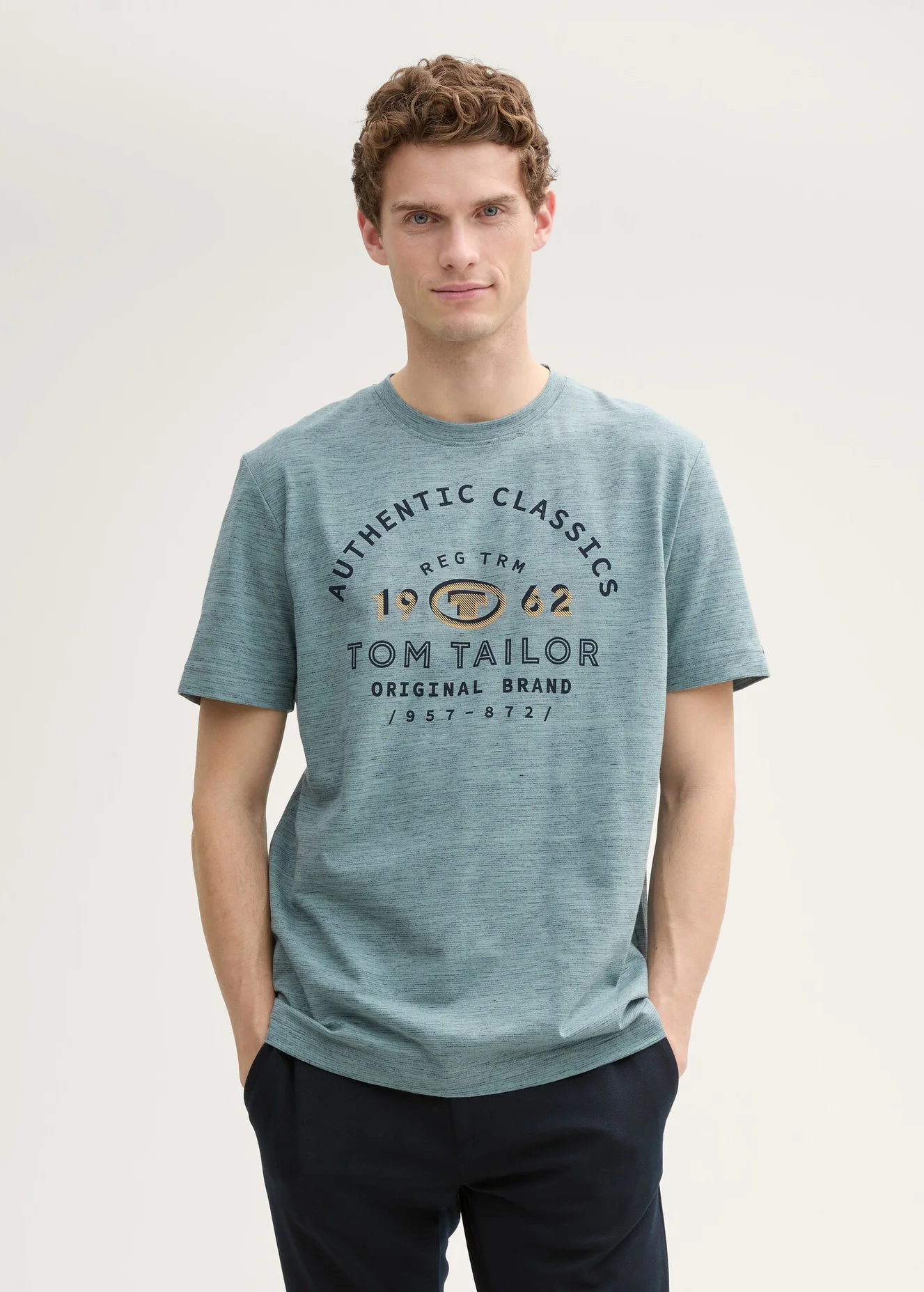Tom Tailor T Shirt With Logo Print Grey Mint Navy Injected