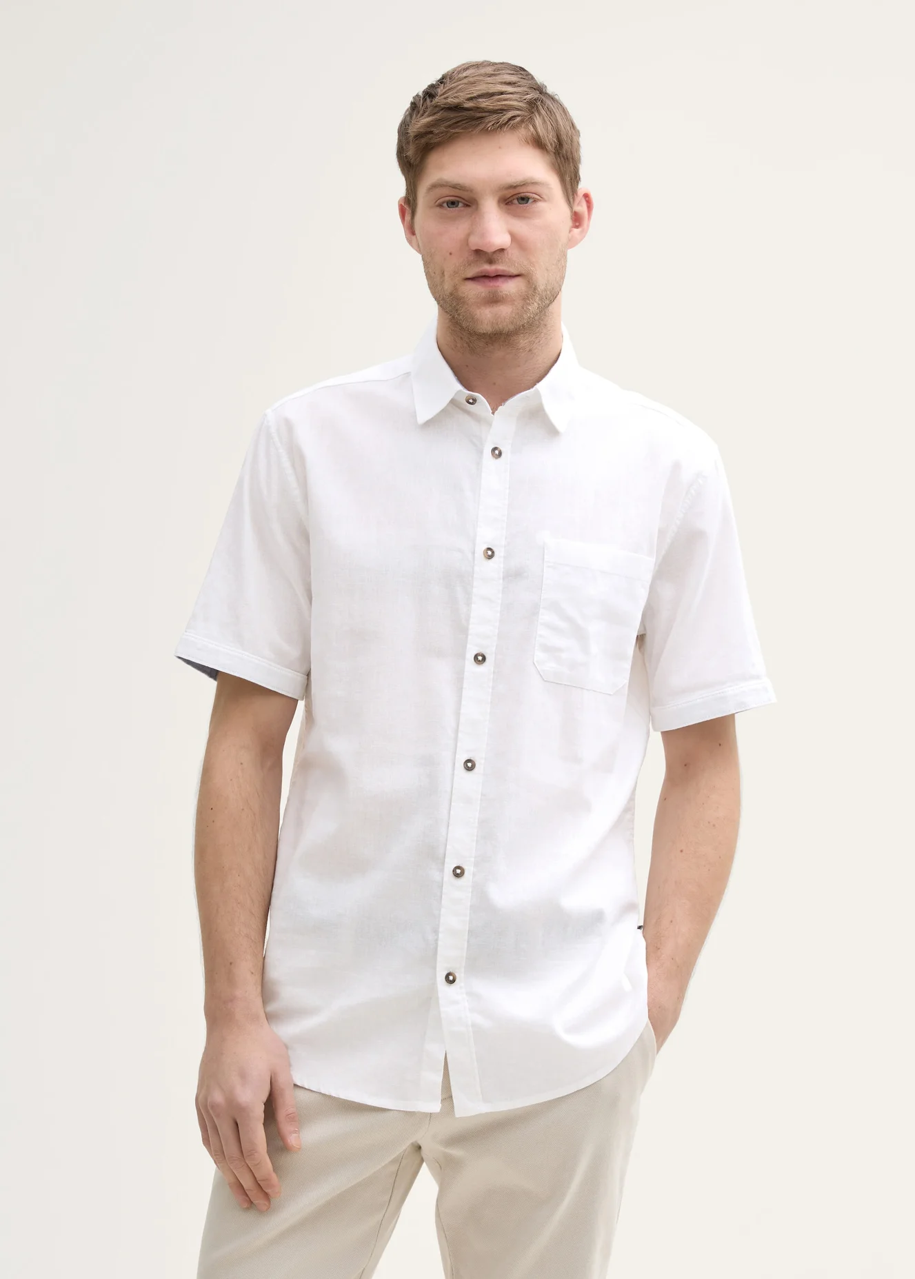 Tom Tailor Regular Fit Short Sleeve Shirt With Linen Content White