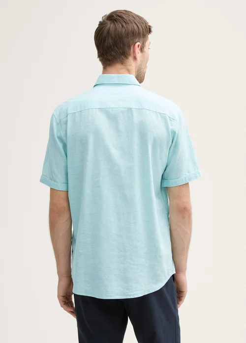 Tom Tailor Regular Fit Short Sleeve Shirt With Linen Content Pastel Turquoise Chambray