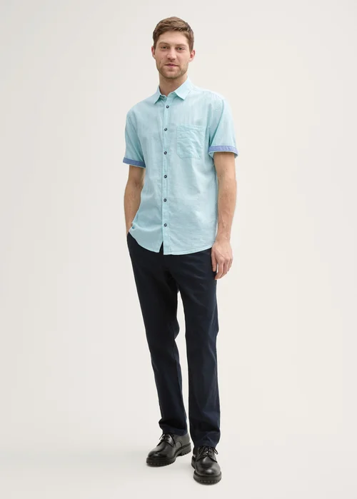 Tom Tailor Regular Fit Short Sleeve Shirt With Linen Content Pastel Turquoise Chambray