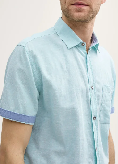Tom Tailor Regular Fit Short Sleeve Shirt With Linen Content Pastel Turquoise Chambray