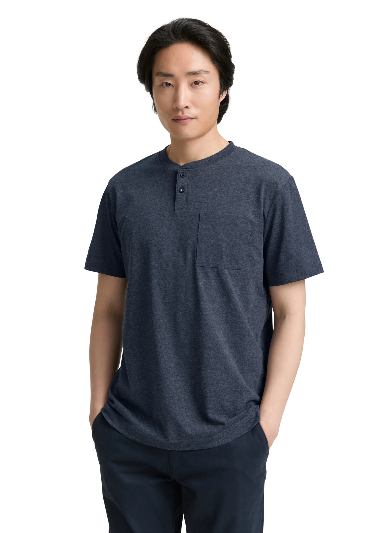 Tom Tailor Henley T Shirt With Breast Pocket Sky Captain Blue White Melange