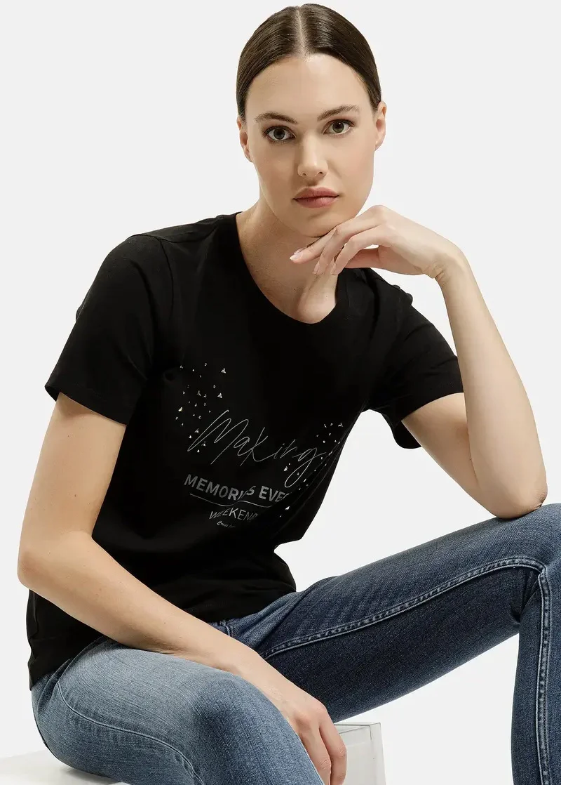 Czarny Damski T Shirt Cross Jeans Z Napisem