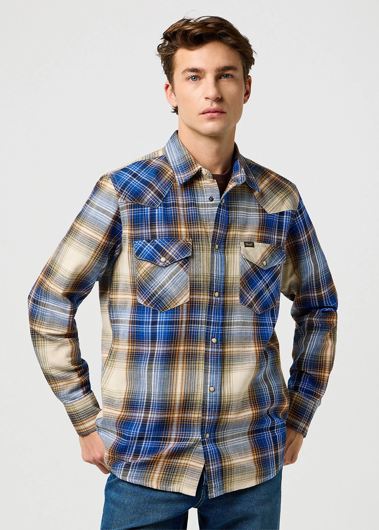 Wrangler Western Shirt Blue Brown Check