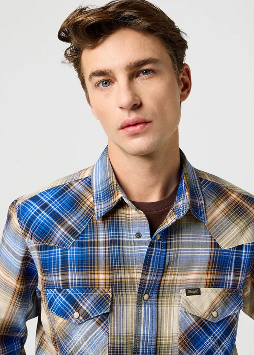 Wrangler Western Shirt Blue Brown Check