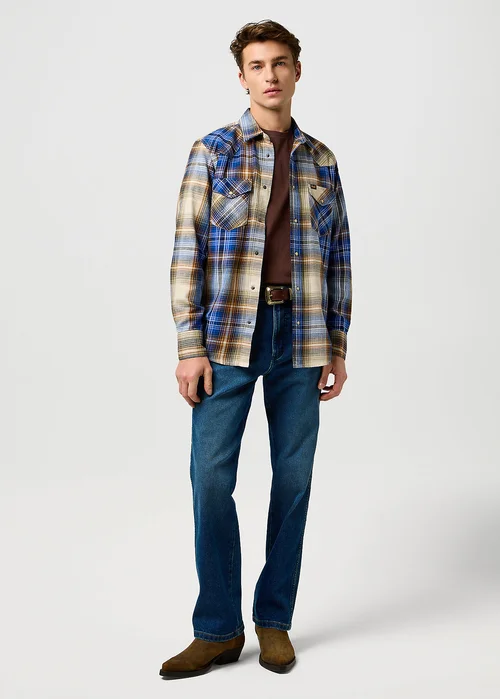 Wrangler Western Shirt Blue Brown Check