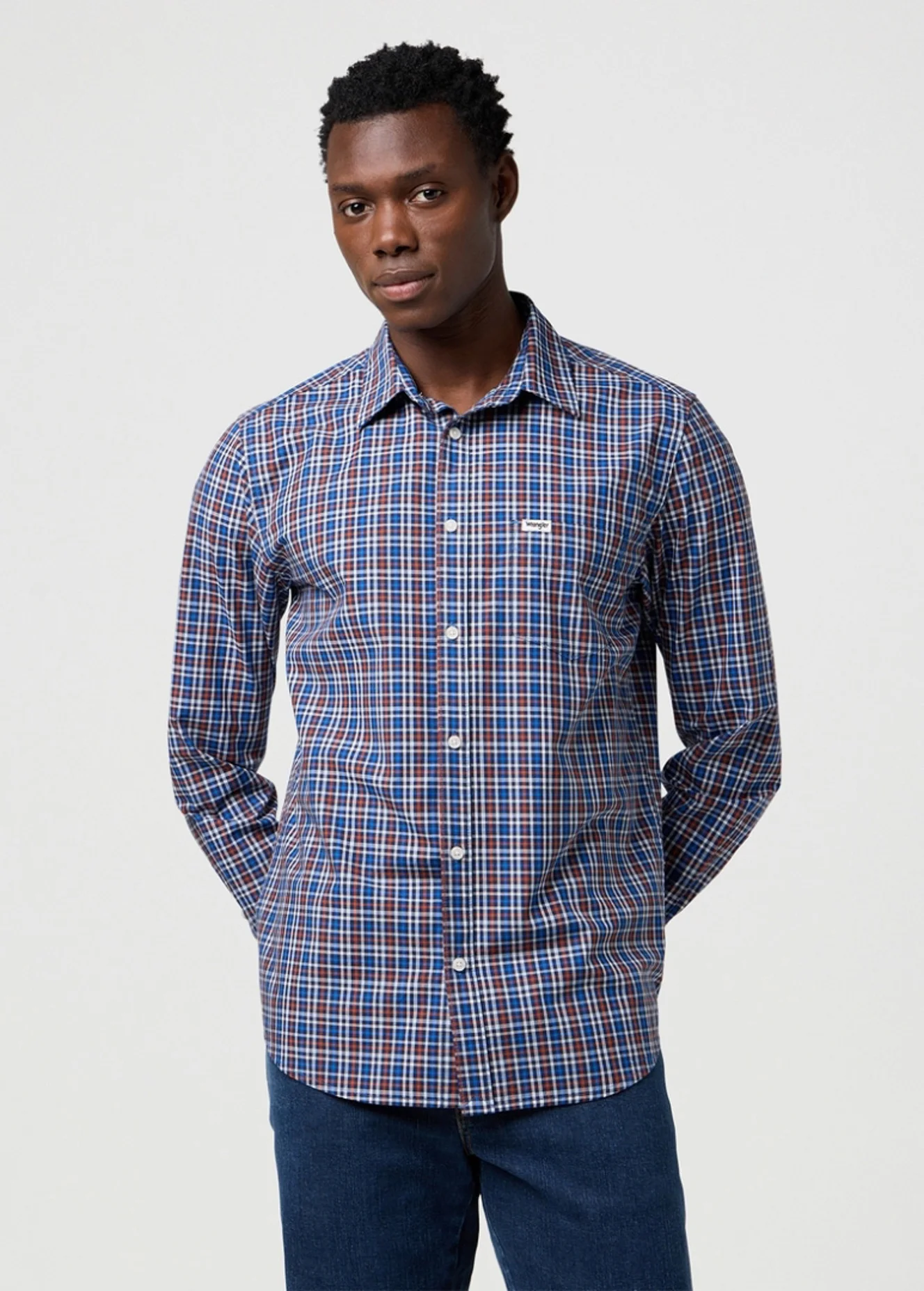 Wrangler One Pocket Poplin Shirt Dark Blue Check