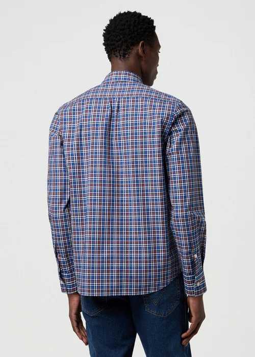 Wrangler One Pocket Poplin Shirt Dark Blue Check