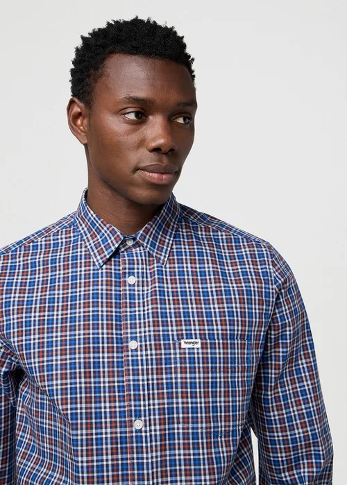 Wrangler One Pocket Poplin Shirt Dark Blue Check