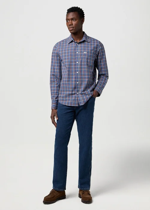 Wrangler One Pocket Poplin Shirt Dark Blue Check