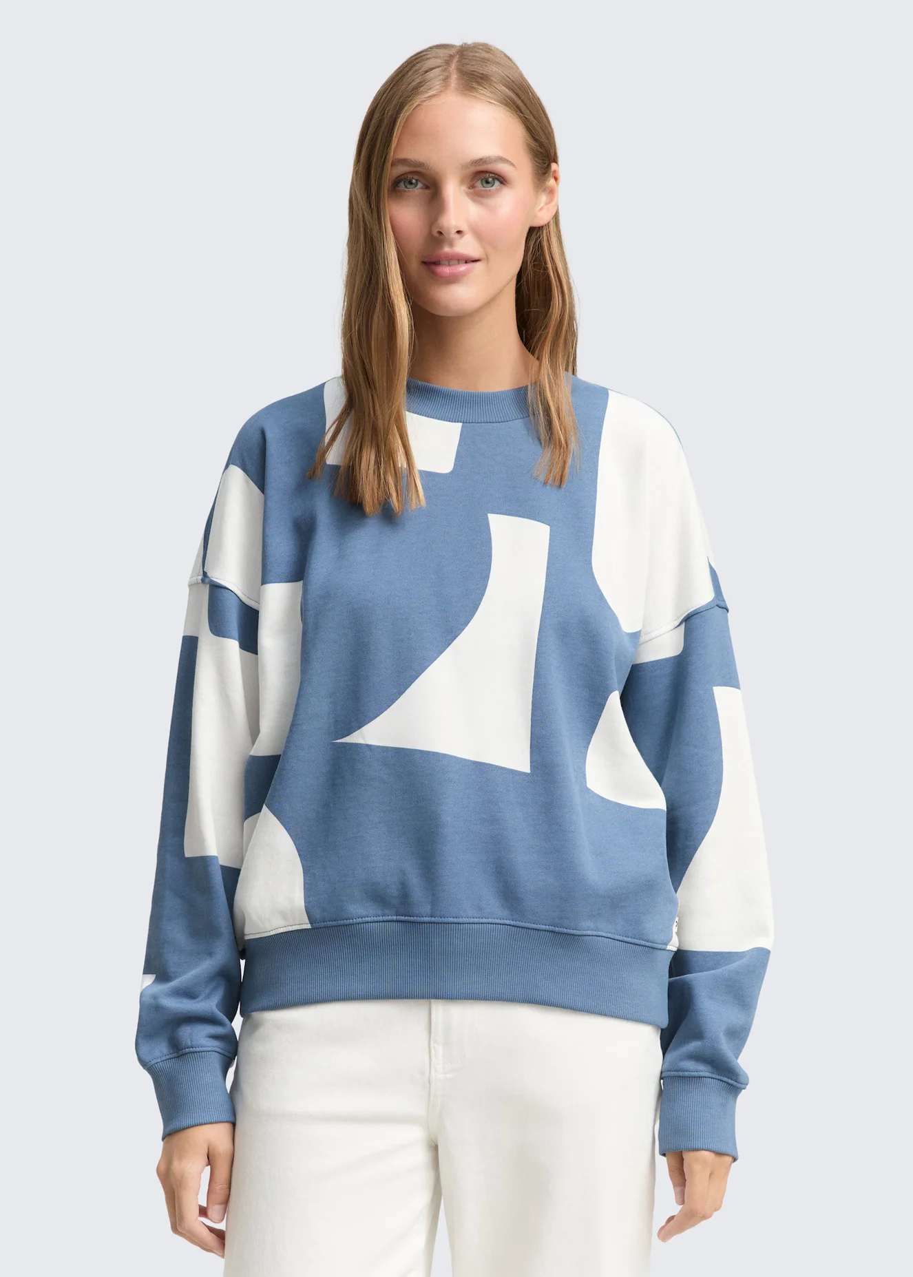 Tom Tailor Loose Fit Sweatshirt With Pattern Mid Blue White Big Scale Print