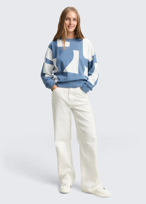 Tom Tailor Loose Fit Sweatshirt With Pattern Mid Blue White Big Scale Print