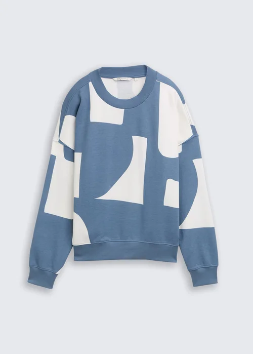 Tom Tailor Loose Fit Sweatshirt With Pattern Mid Blue White Big Scale Print